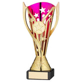 GOLD/PURPLE PLASTIC 'FLASH' CUP ON BLK MARBLE ASSEMBLED TROPHY (1" CEN) - 6.75in